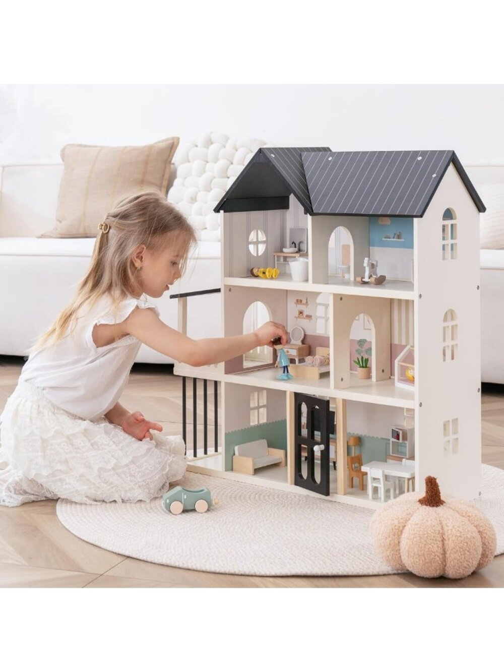 Modern 6-Room Wooden Dollhouse Playset for Kids - Fun & Creative Toy Home